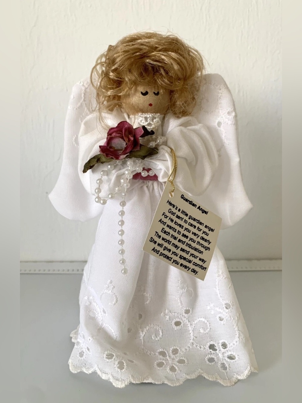Guardian Angel Handmade Figurine 7” Wings Flowers White eyelet Dress Hair